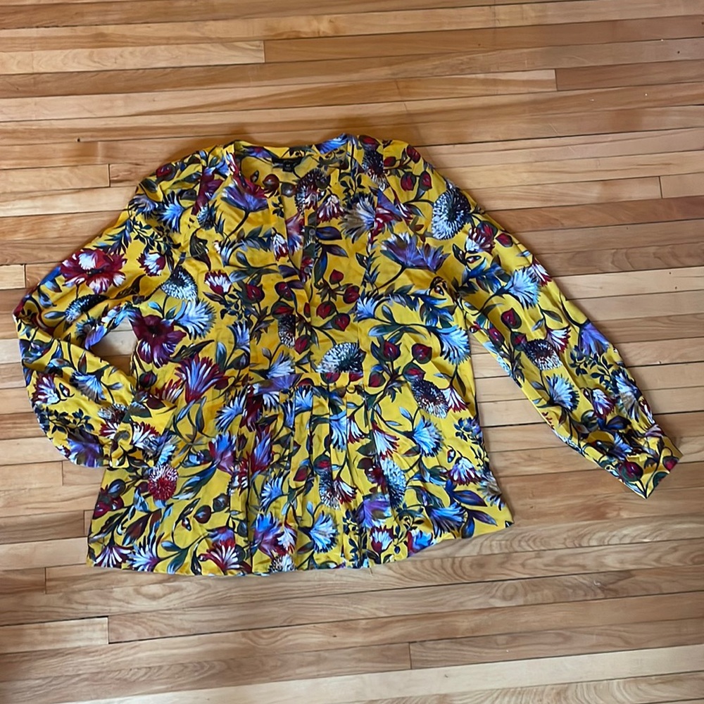 J.Crew Mustard Floral Silk Popover Blouse Shirt M Tall
